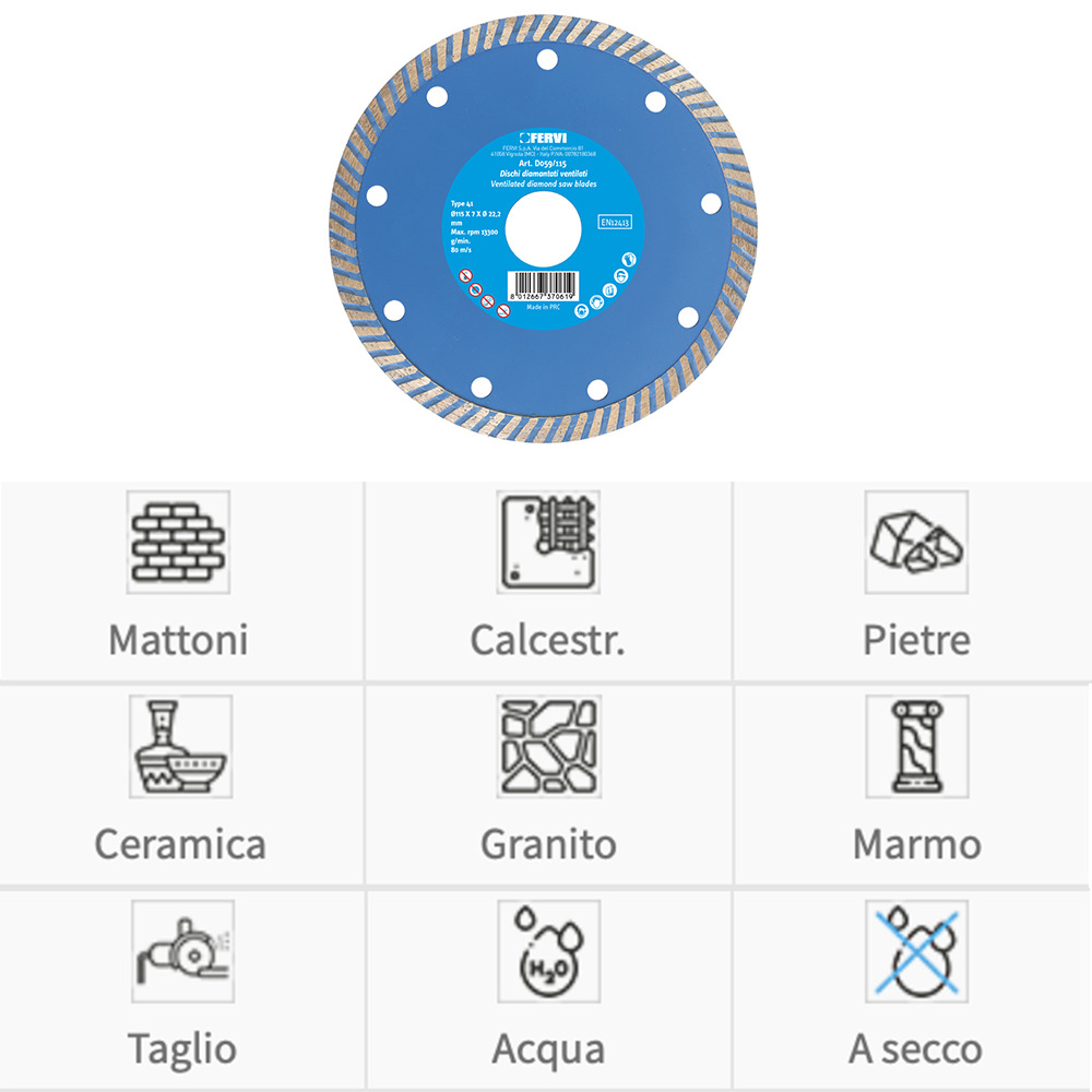 Fervi disco diamantato ventilato D059, taglio muro, cemento, piastrelle, pietra e marmo