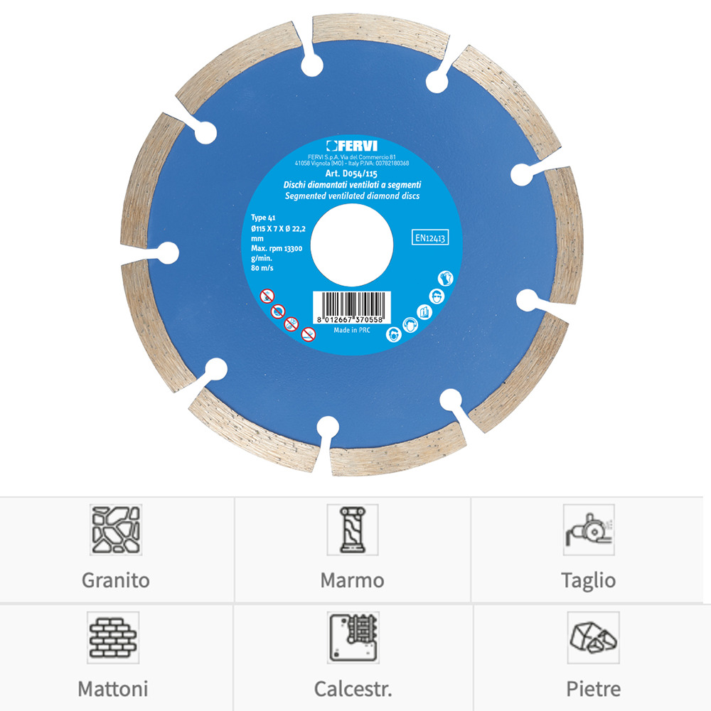 Fervi disco diamantato ventilato a segmenti D054 per il taglio di muro, pietra e marmo senza acqua