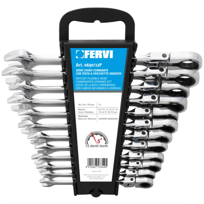 Fervi Serie chiavi combinate con testa a cricchetto snodata - Art.0690/12P